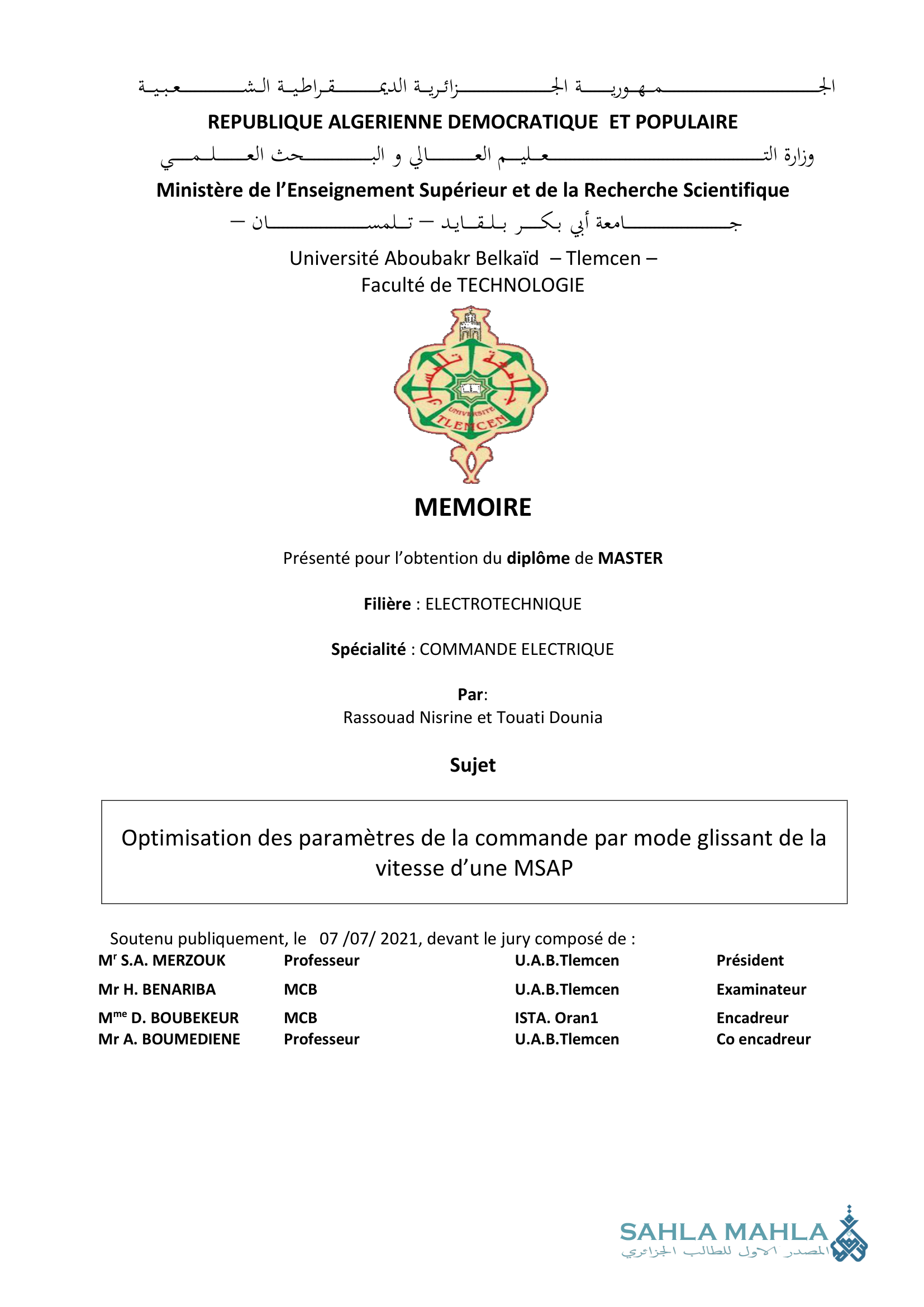 Optimisation des paramètres de la commande par mode glissant de la vitesse d'une MSAP