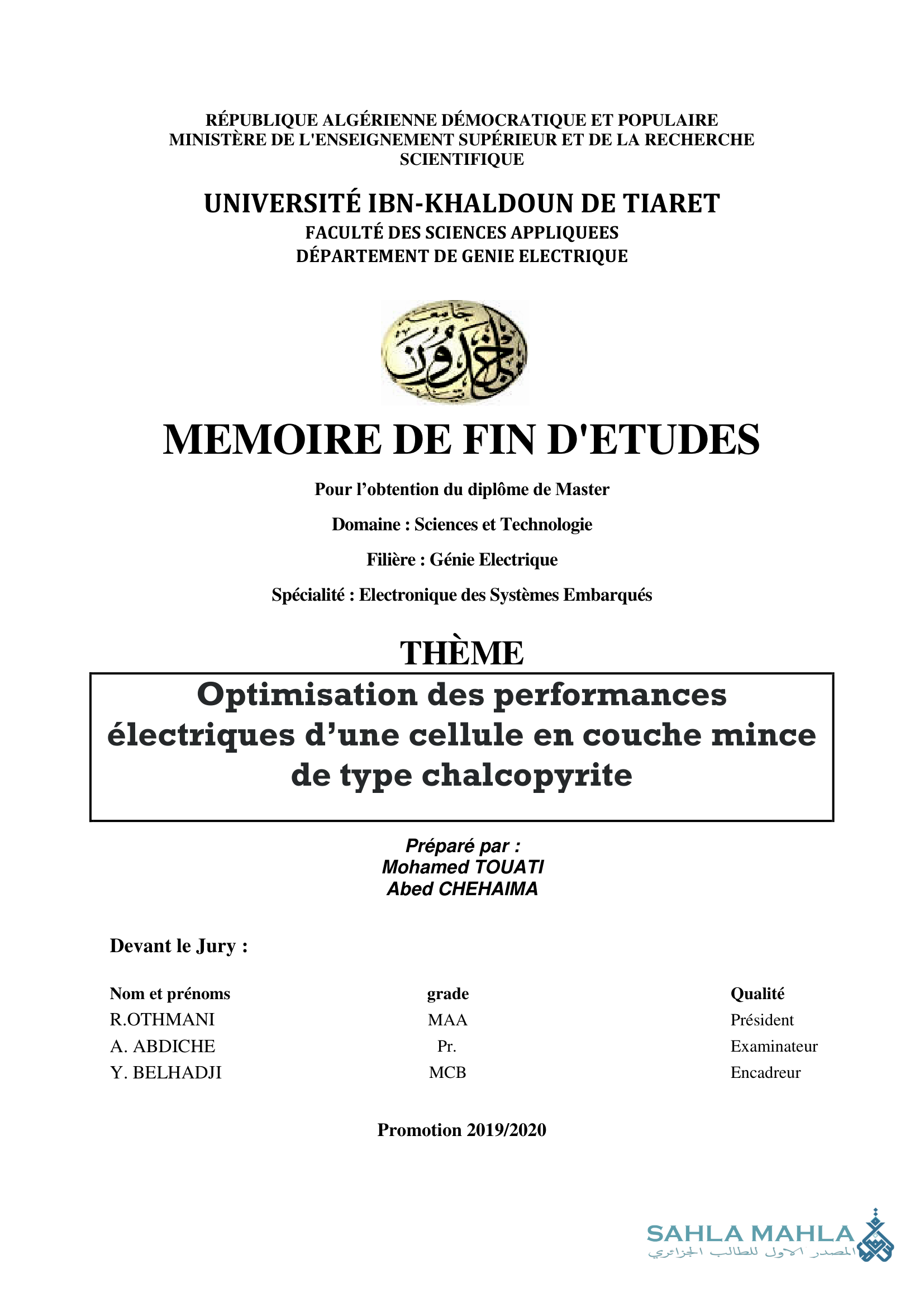 Optimisation des performances électriques d'une cellule en couche mince de type chalcopyrite