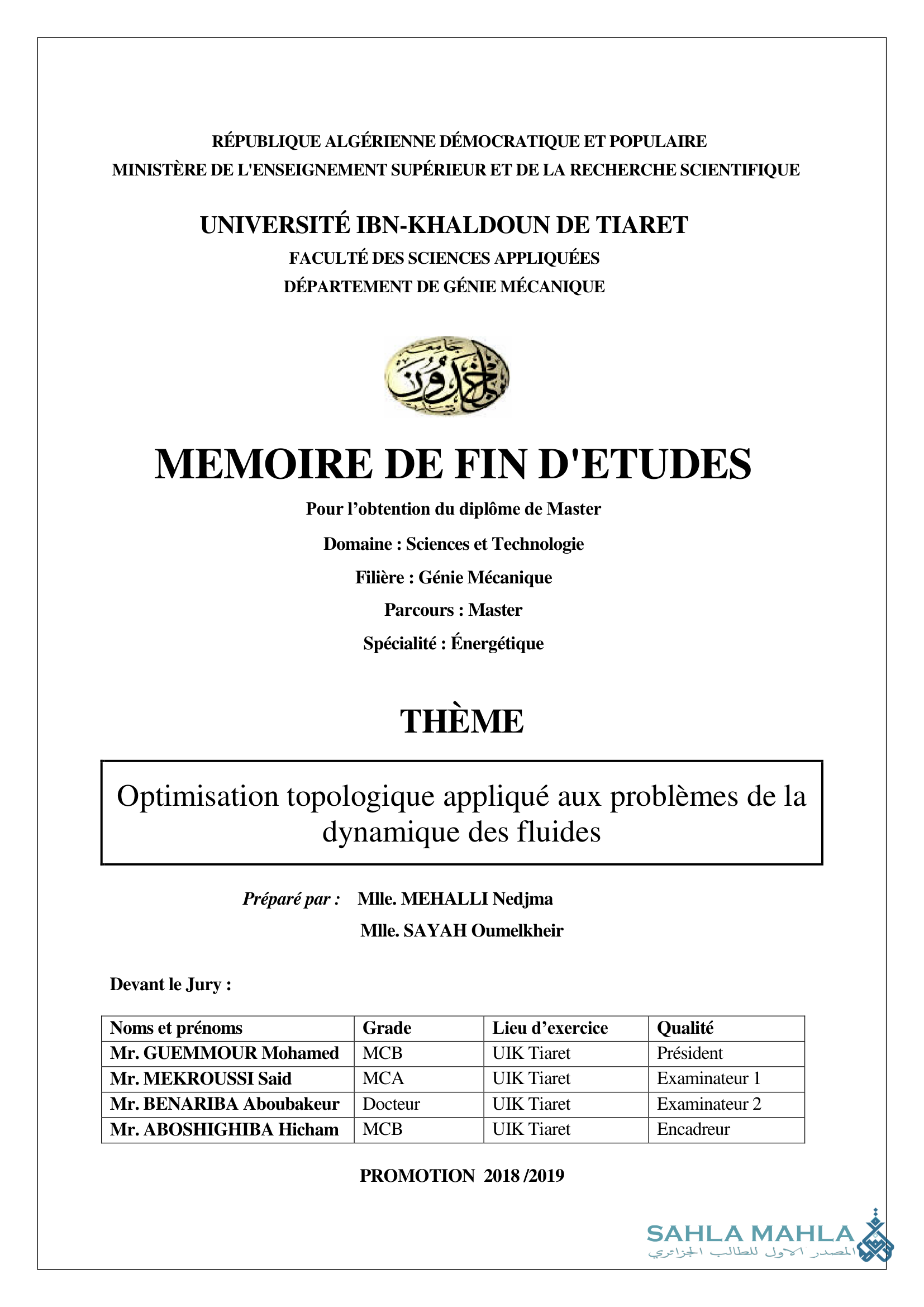 Optimisation topologique appliqué aux problèmes de la dynamique des fluides