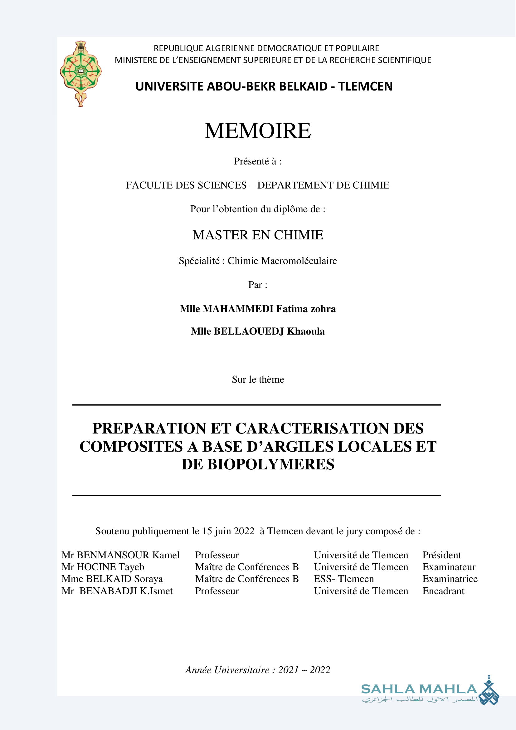PREPARATION ET CARACTERISATION DES COMPOSITES A BASE D'ARGILES LOCALES ET DE BIOPOLYMERES