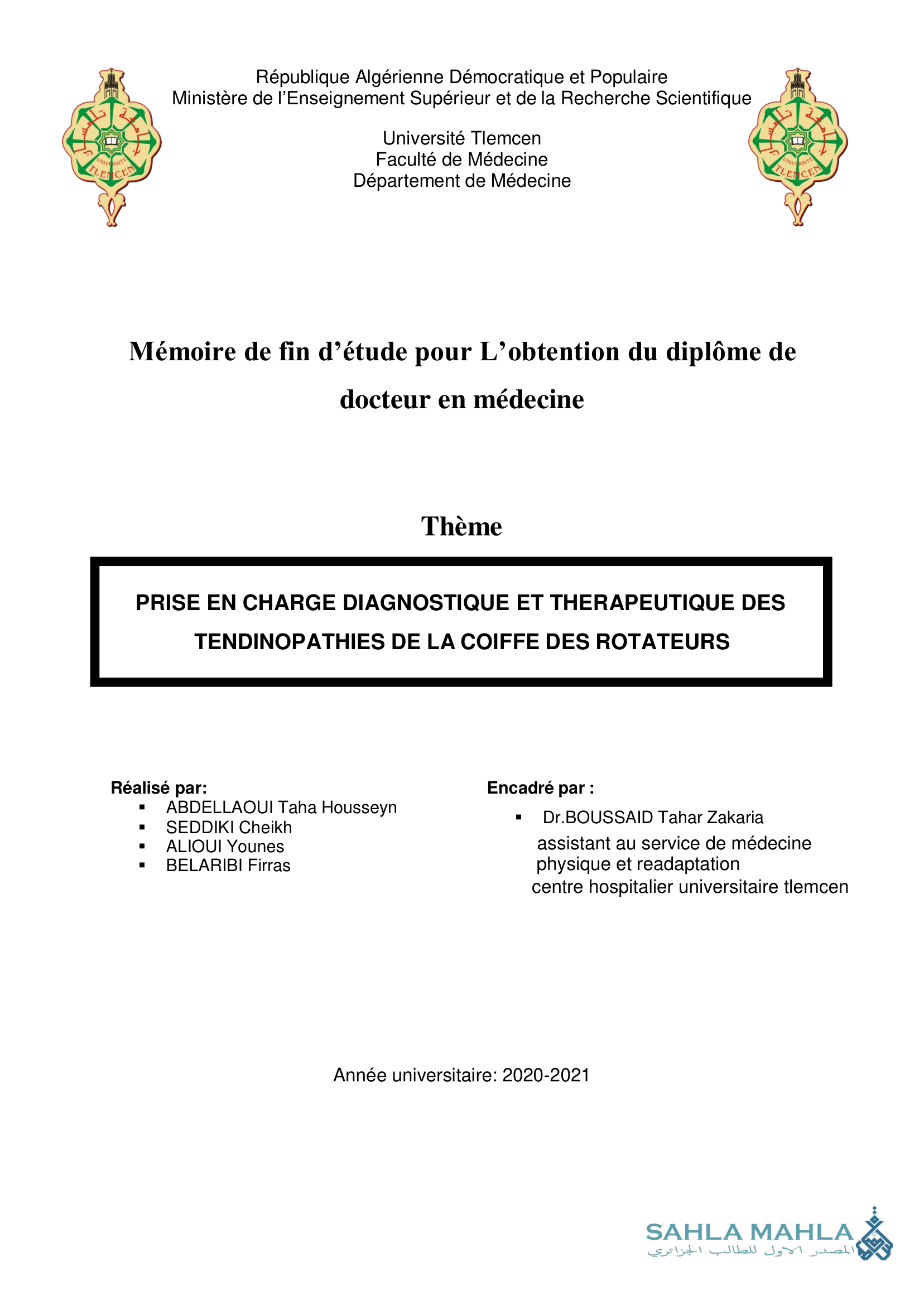 PRISE EN CHARGE DIAGNOSTIQUE ET THERAPEUTIQUE DES TENDINOPATHIES DE LA COIFFE DES ROTATEURS