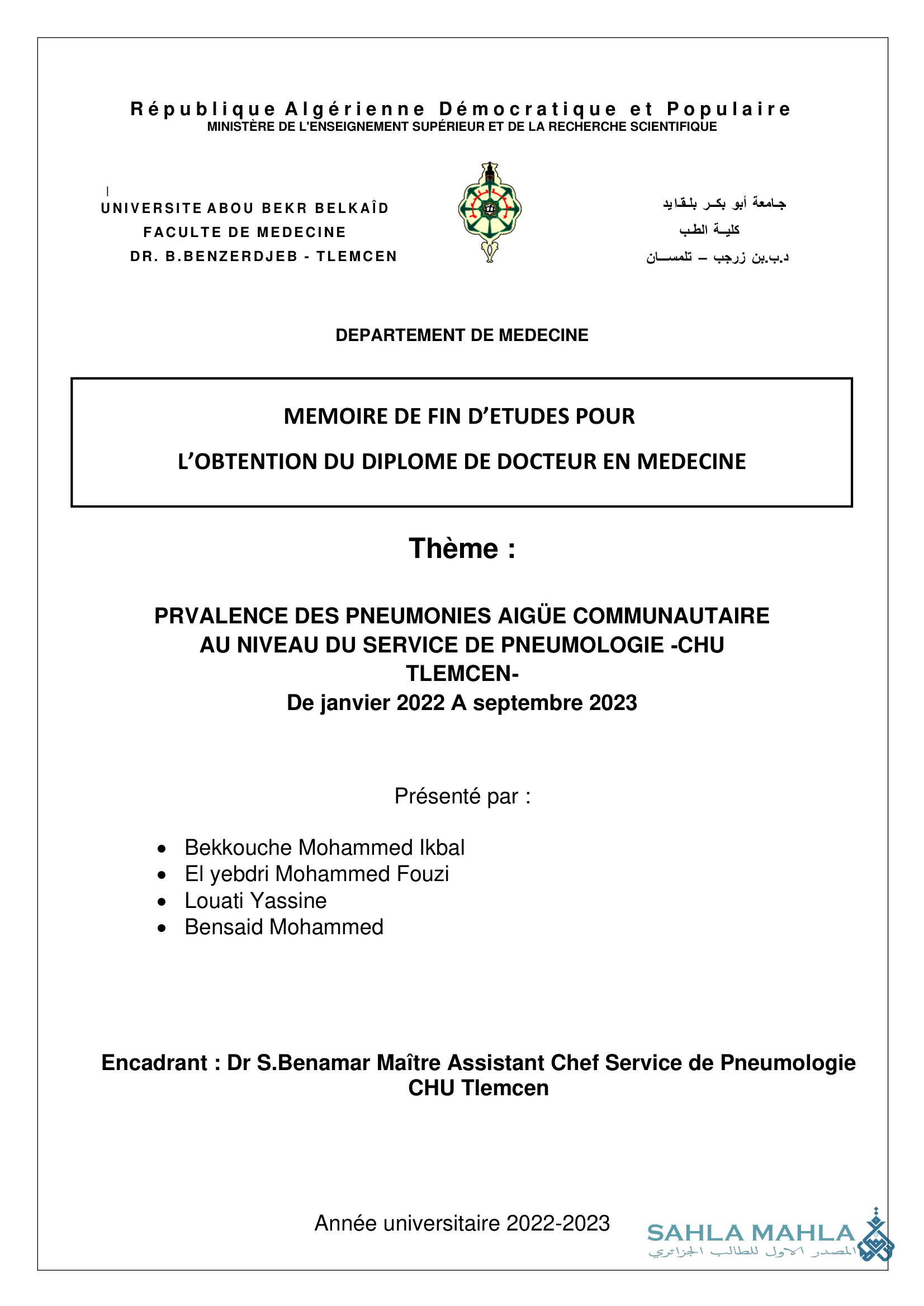 PRVALENCE DES PNEUMONIES AIGÜE COMMUNAUTAIRE AU NIVEAU DU SERVICE DE PNEUMOLOGIE -CHU TLEMCEN-