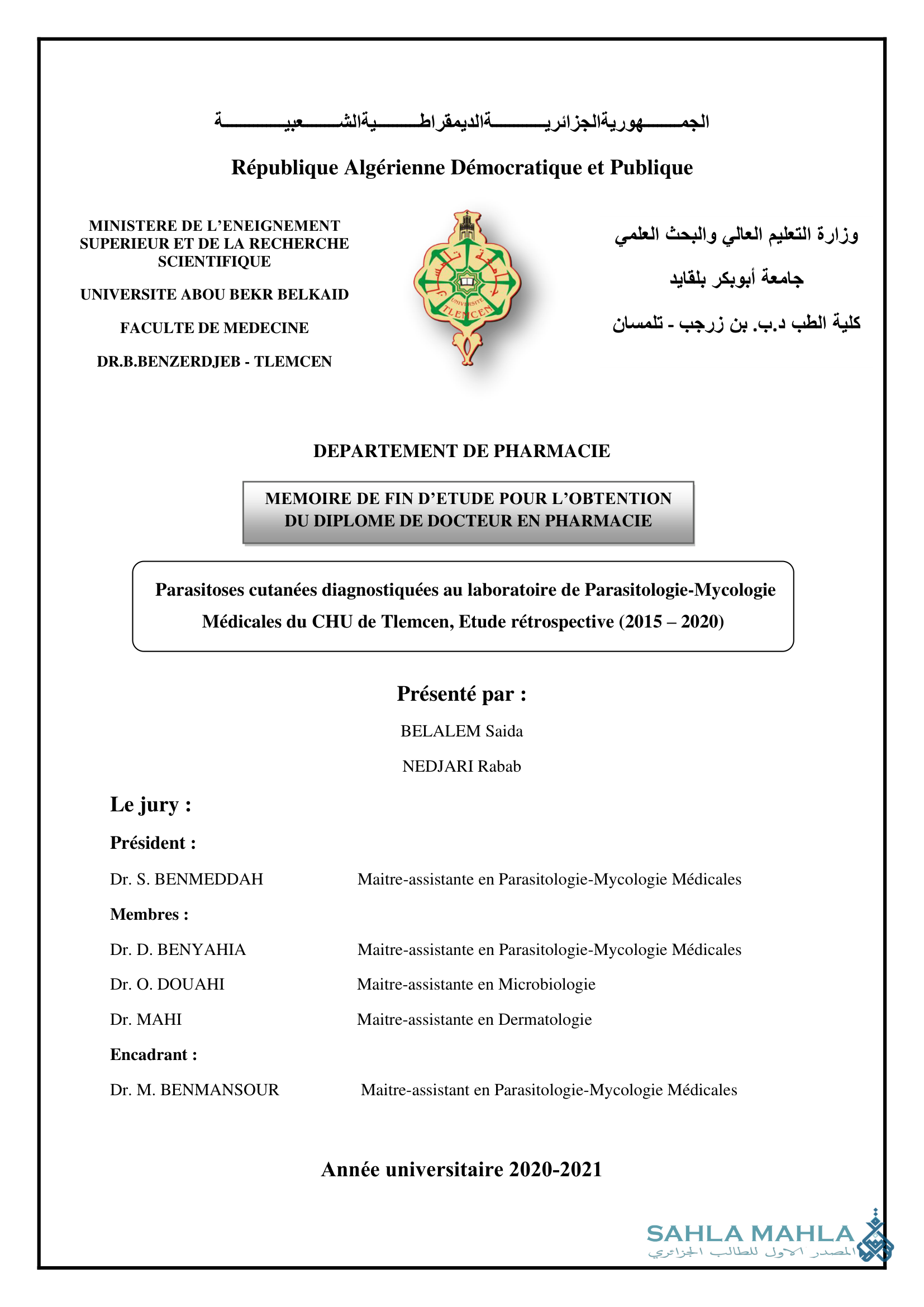 Parasitoses cutanées diagnostiquées au laboratoire de Parasitologie-Mycologie Médicales du CHU de Tlemcen, Etude rétrospective (2015-2020)