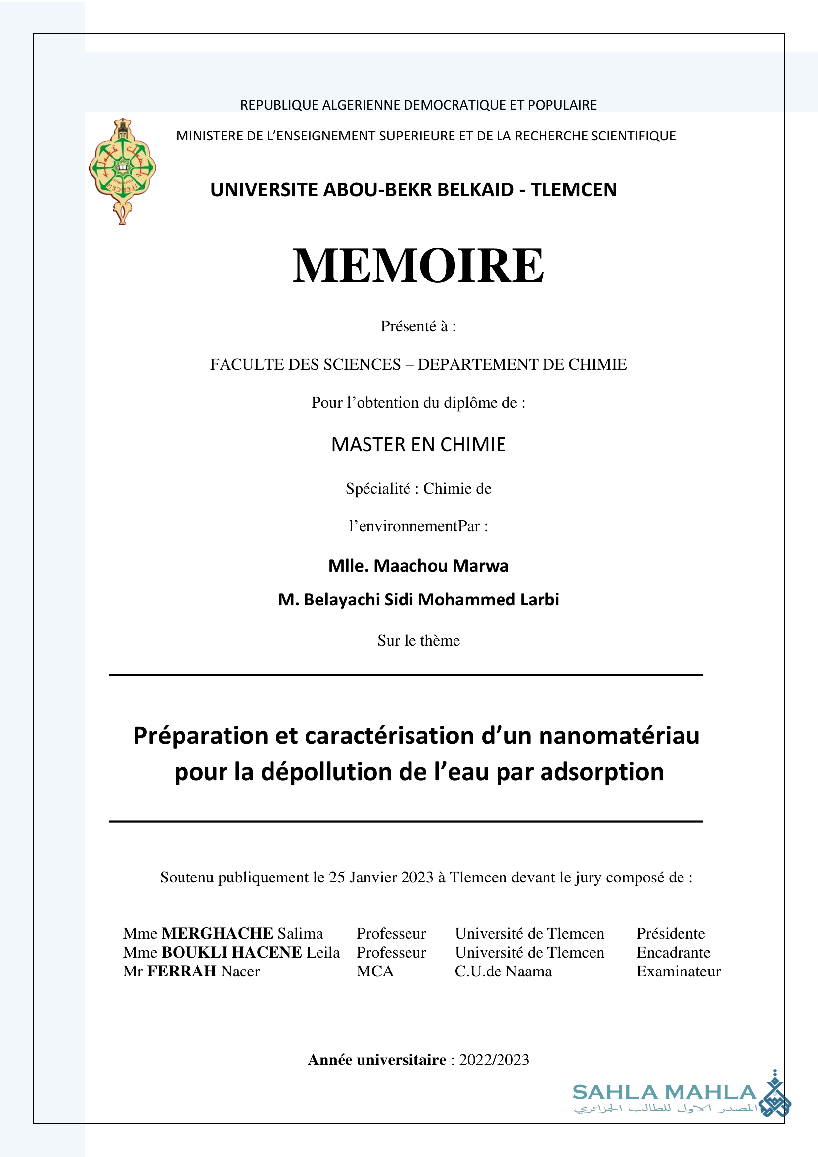 Préparation et caractérisation d'un nanomatériau pour la dépollution de l'eau par adsorption