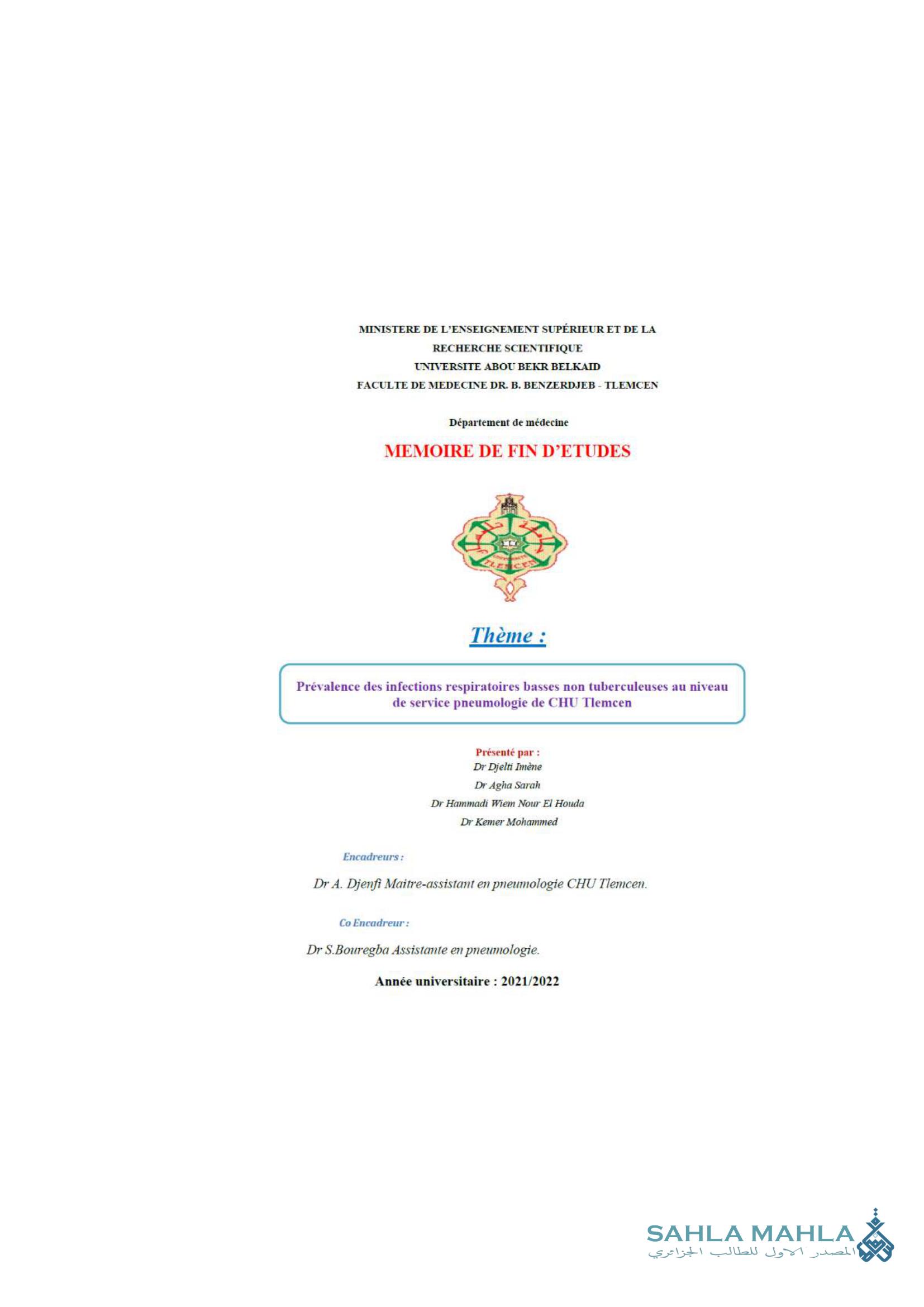 Prévalence des infections respiratoires basses non tuberculeuses au niveau de service pneumologie de CHU Tlemcen