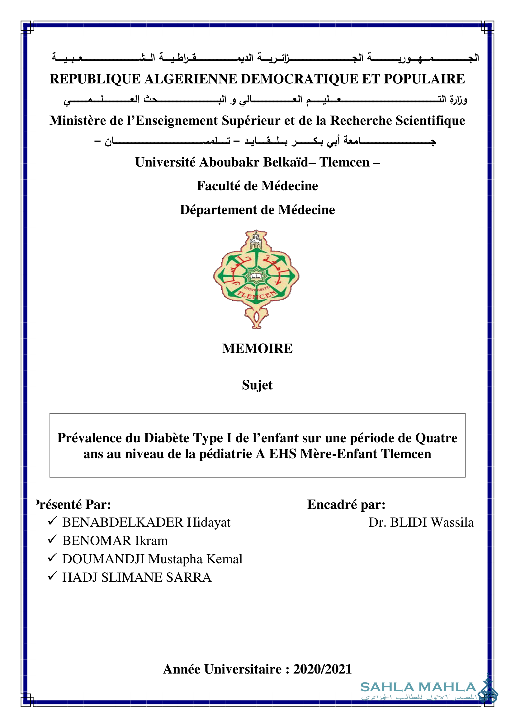 Prévalence du Diabète Type I de l'enfant sur une période de Quatre ans au niveau de la pédiatrie A EHS Mère-Enfant Tlemcen