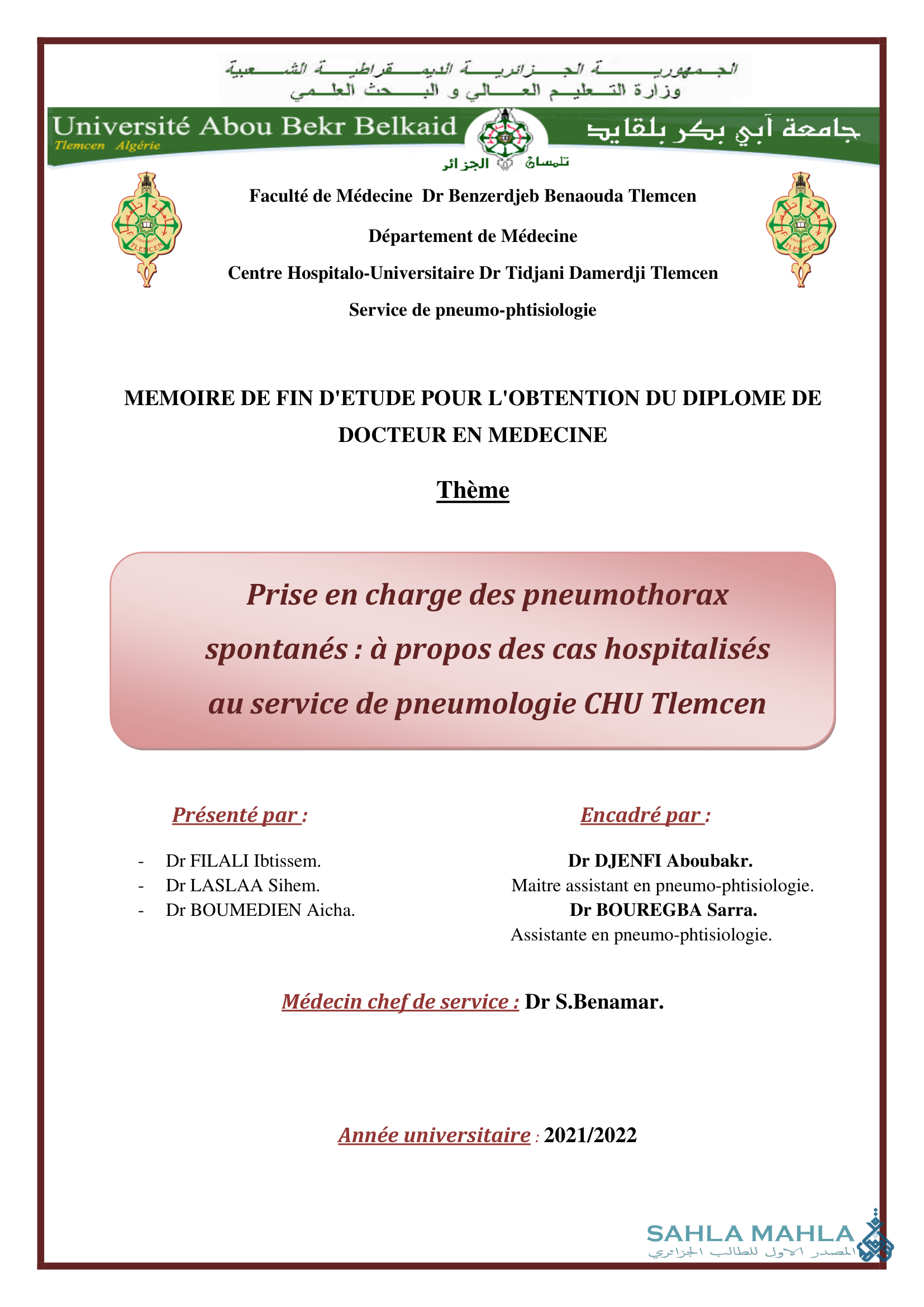 Prise en charge des pneumothorax spontanés : à propos des cas hospitalisés au service de pneumologie CHU Tlemcen