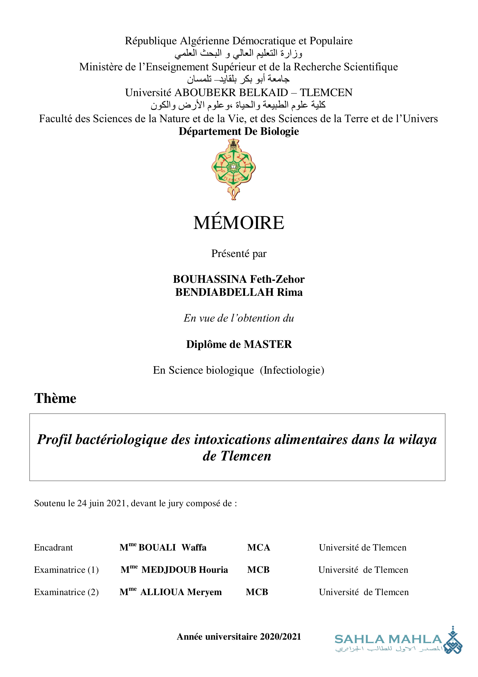 Profil bactériologique des intoxications alimentaires dans la wilaya de Tlemcen