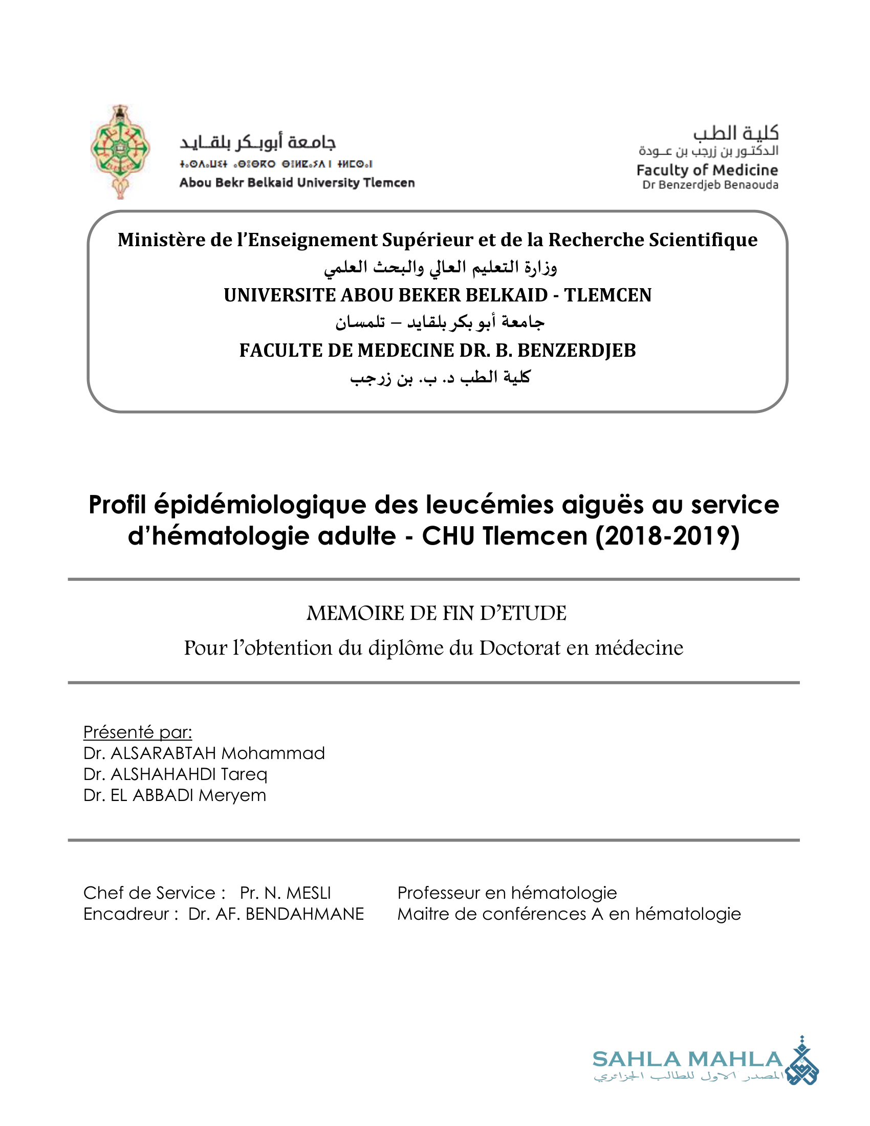 Profil épidémiologique des leucémies aiguës au service d'hématologie adulte - CHU Tlemcen (2018-2019)