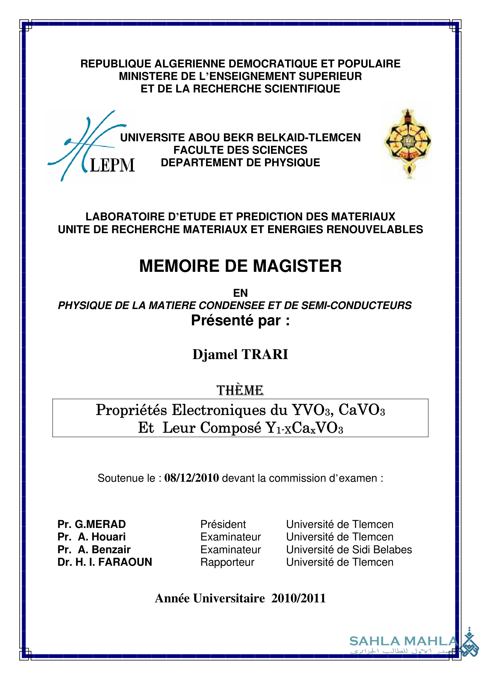 Propriétés Electroniques du YVOз, CaVO3 Et Leur Composé Y1-xCaxVO3