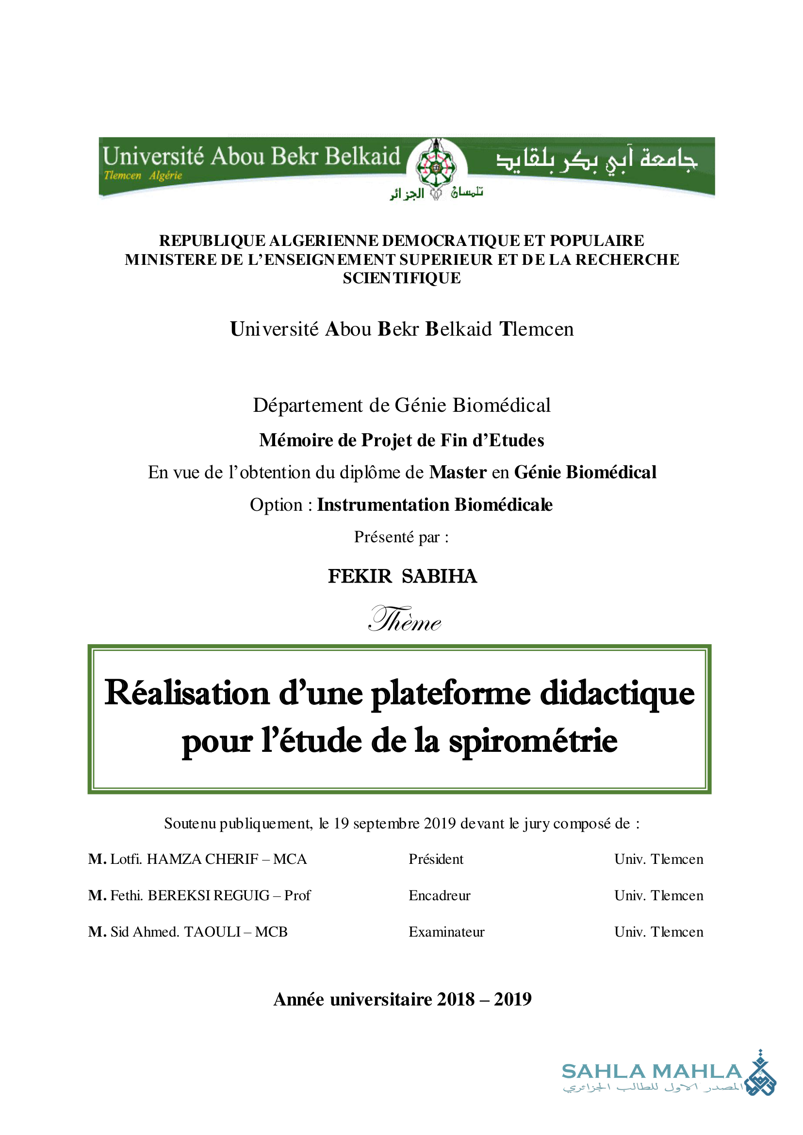 Réalisation d'une plateforme didactique pour l'étude de la spirométrie