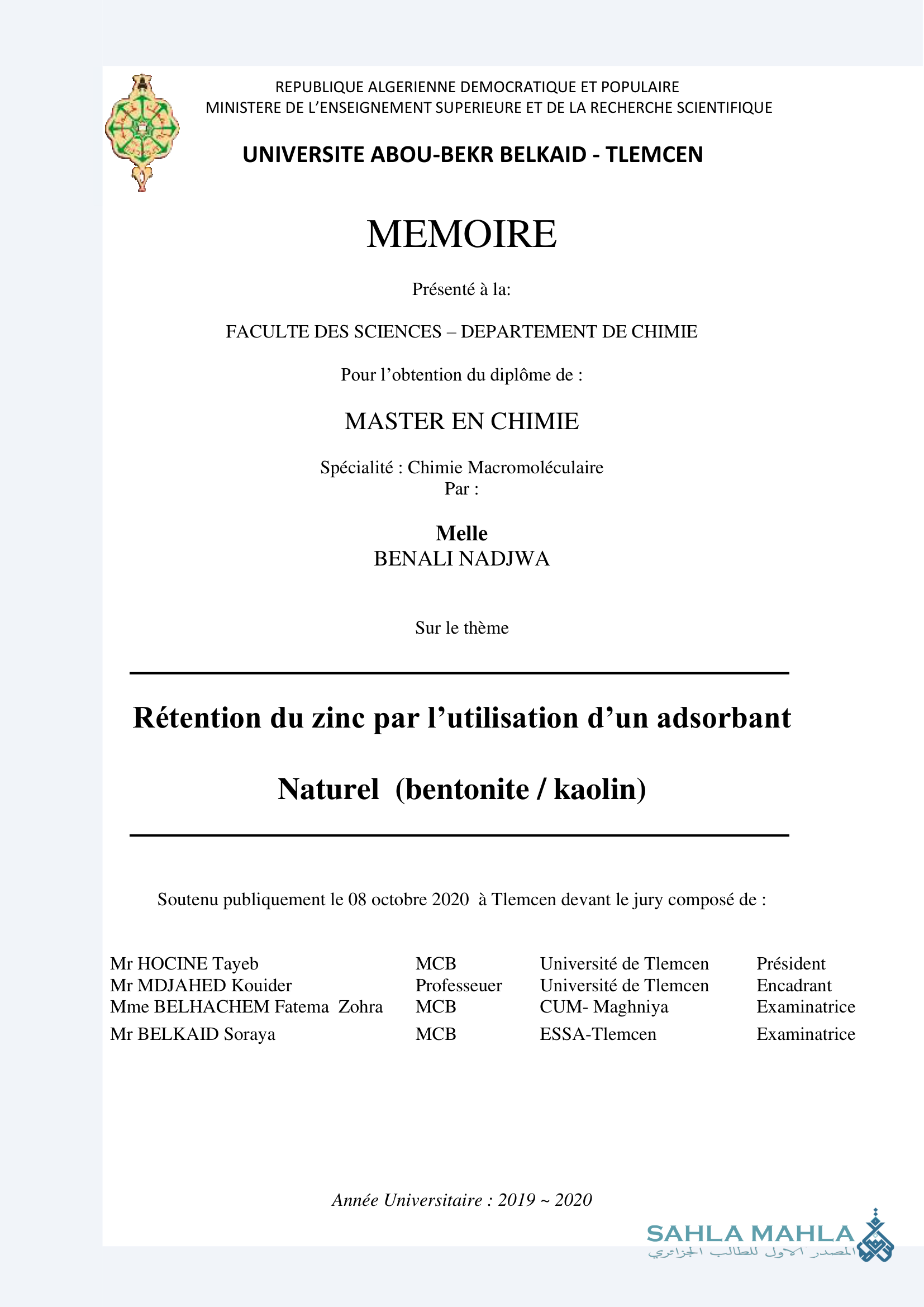 Rétention du zinc par l'utilisation d'un adsorbant Naturel (bentonite / kaolin)