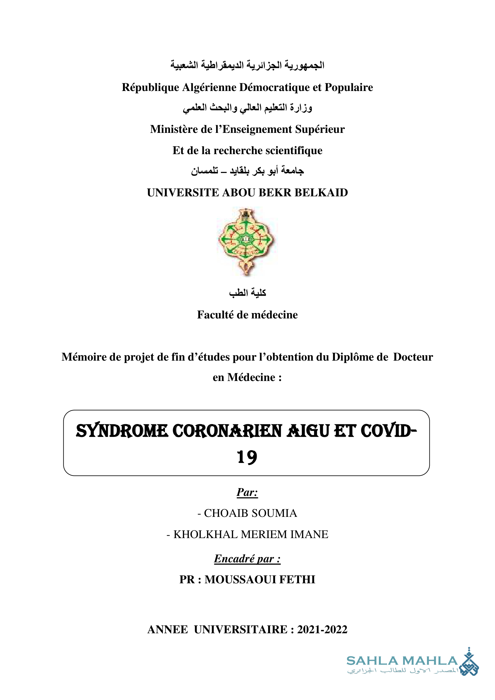 SYNDROME CORONARIEN AIGU ET COVID-19