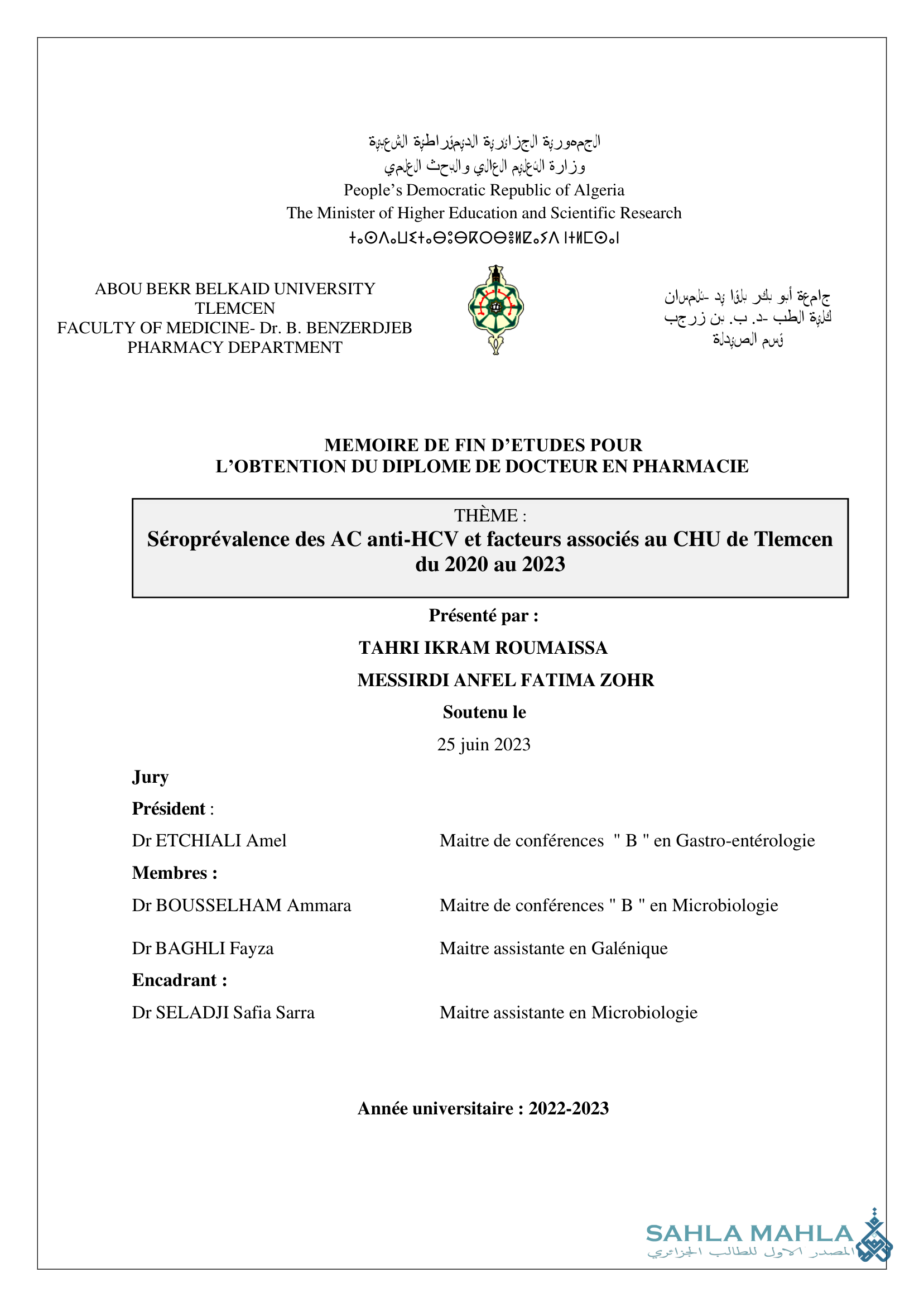 Séroprévalence des AC anti-HCV et facteurs associés au CHU de Tlemcen du 2020 au 2023