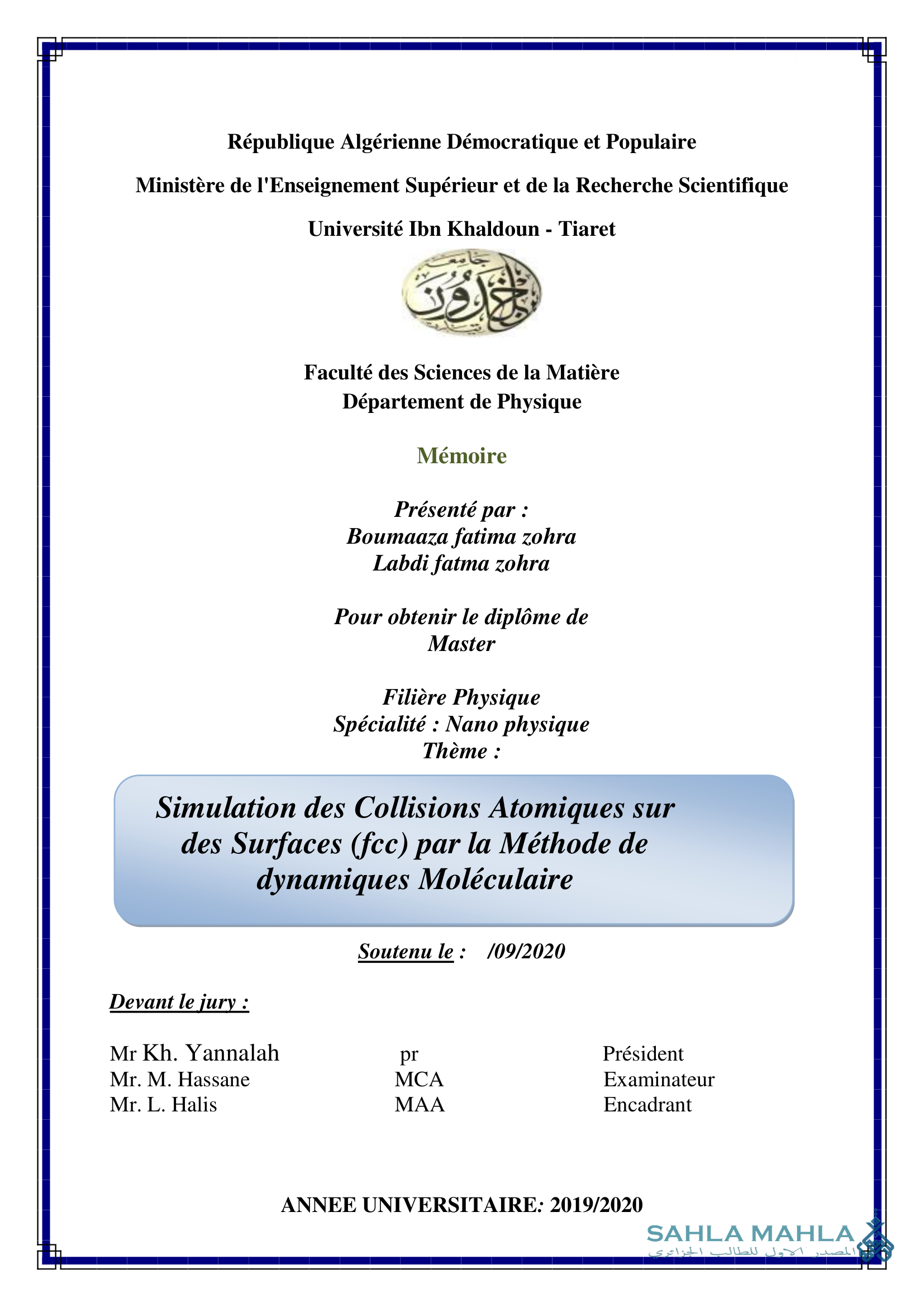Simulation des Collisions Atomiques sur des Surfaces (fcc) par la Méthode de dynamiques Moléculaire