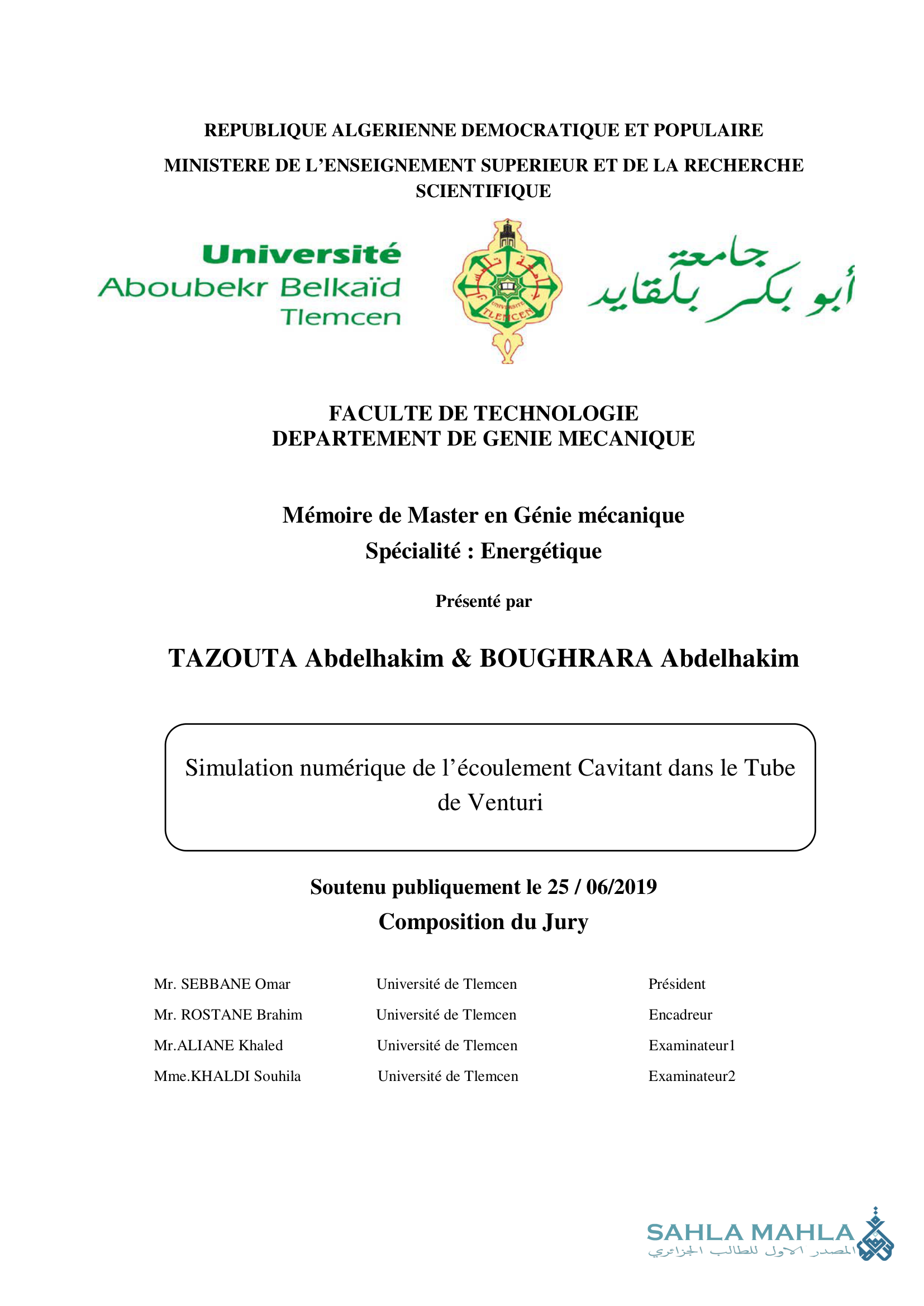 Simulation numérique de l'écoulement Cavitant dans le Tube de Venturi