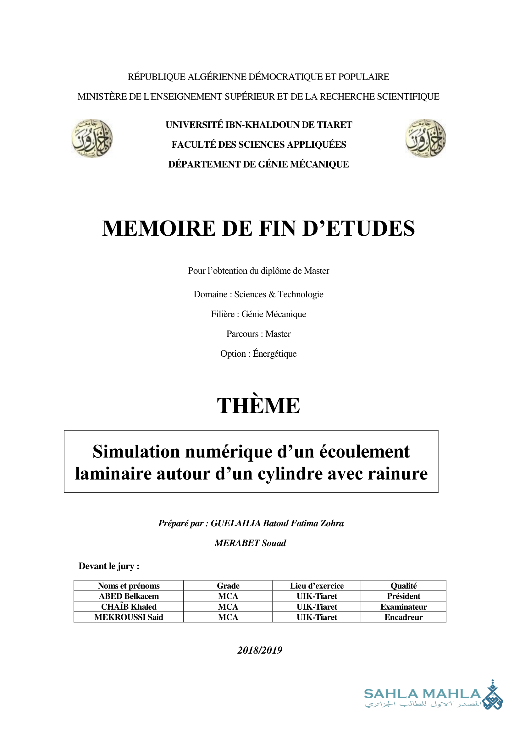 Simulation numérique d'un écoulement laminaire autour d'un cylindre avec rainure