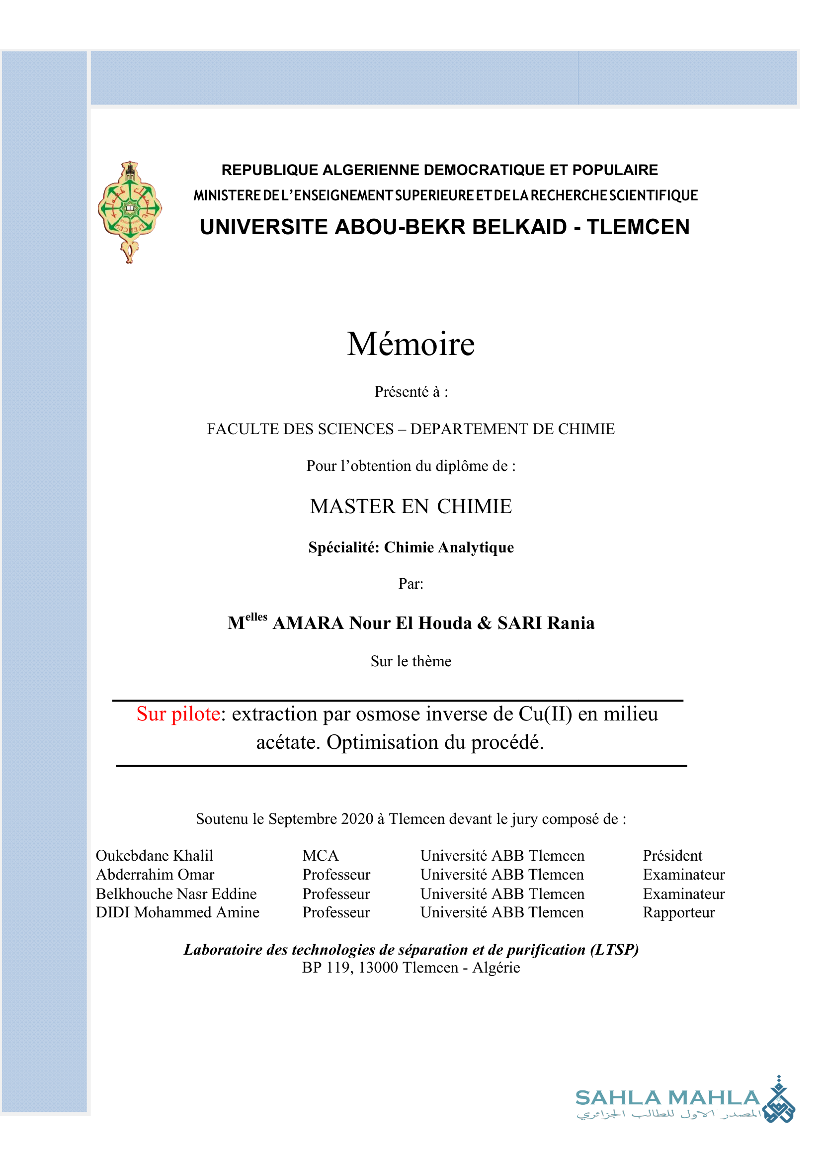 Sur pilote: extraction par osmose inverse de Cu(II) en milieu acétate. Optimisation du procédé.