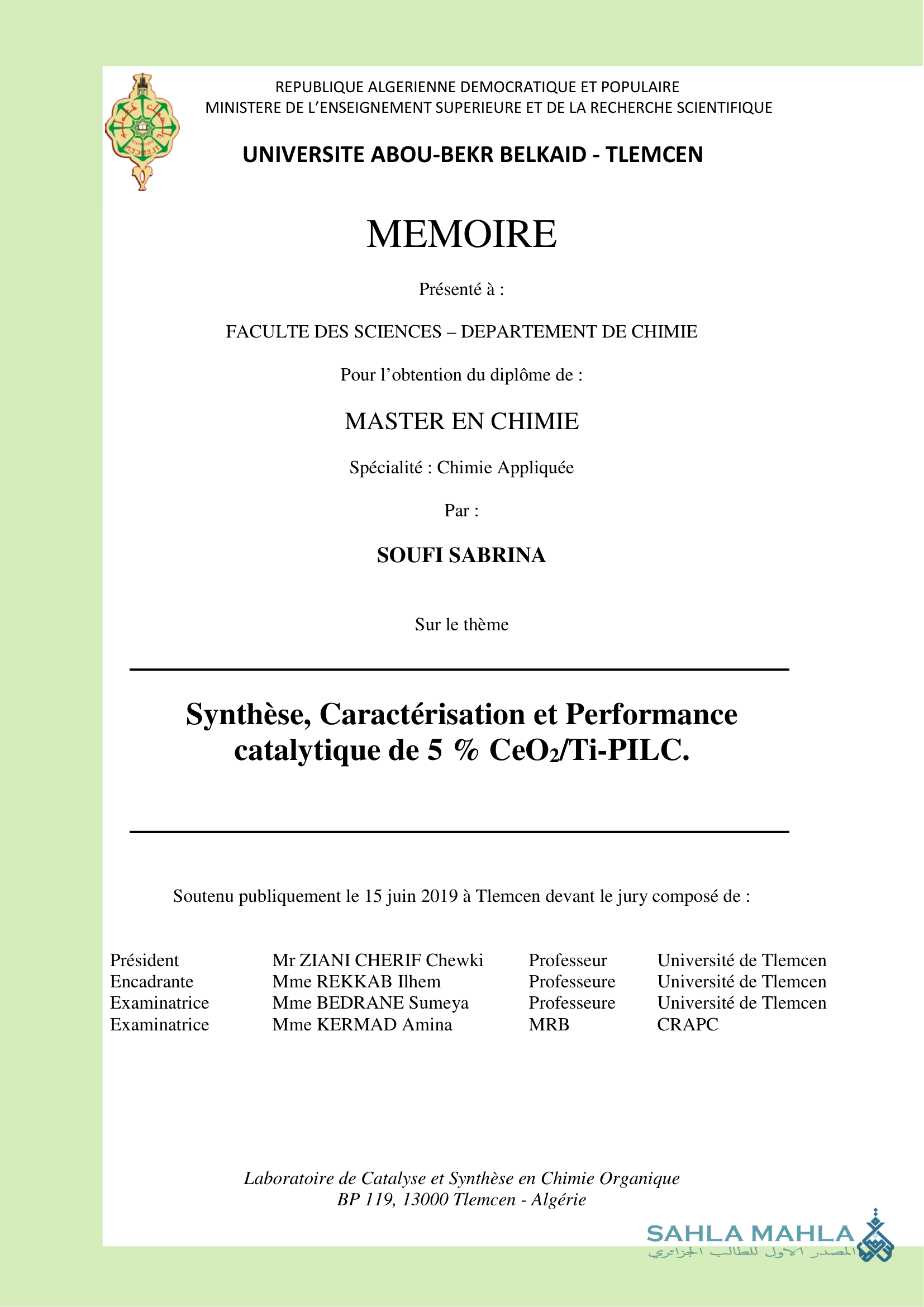 Synthèse, Caractérisation et Performance catalytique de 5 % CeO2/Ti-PILC.