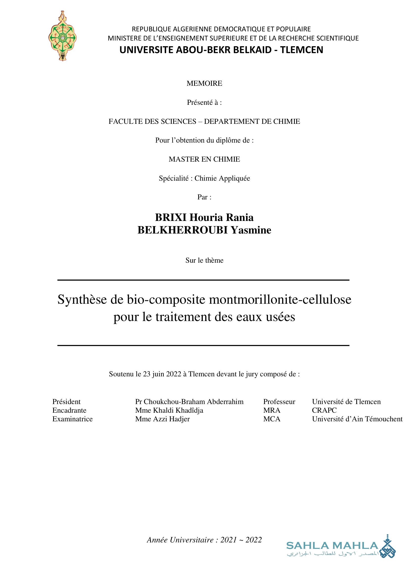 Synthèse de bio-composite montmorillonite-cellulose pour le traitement des eaux usées