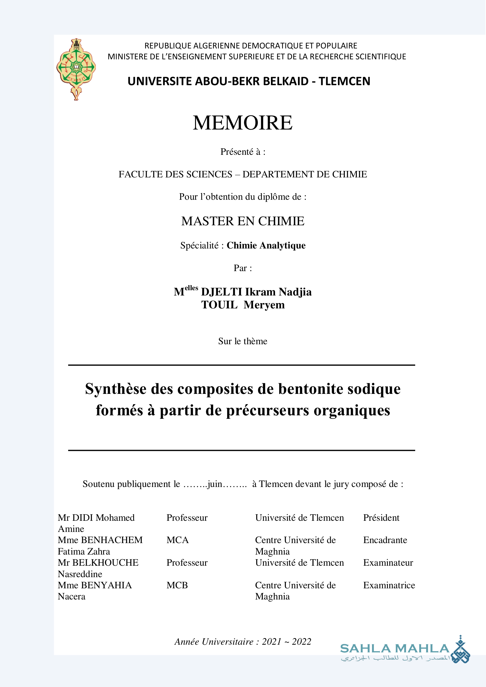 Synthèse des composites de bentonite sodique formés à partir de précurseurs organiques