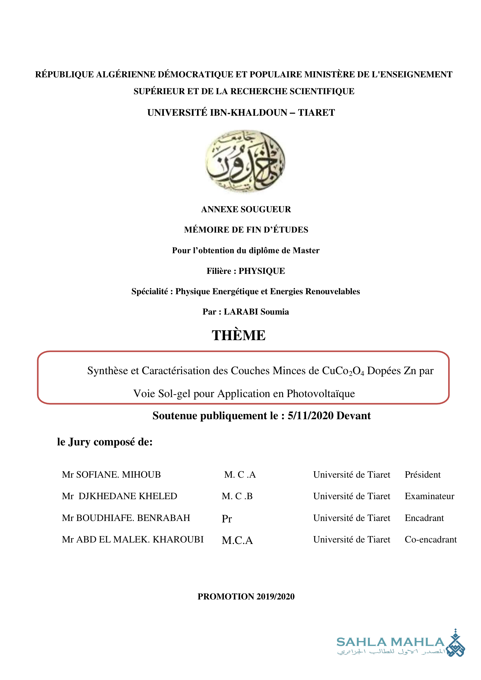 Synthèse et Caractérisation des Couches Minces de CuCo2O4 Dopées Zn par Voie Sol-gel pour Application en Photovoltaïque