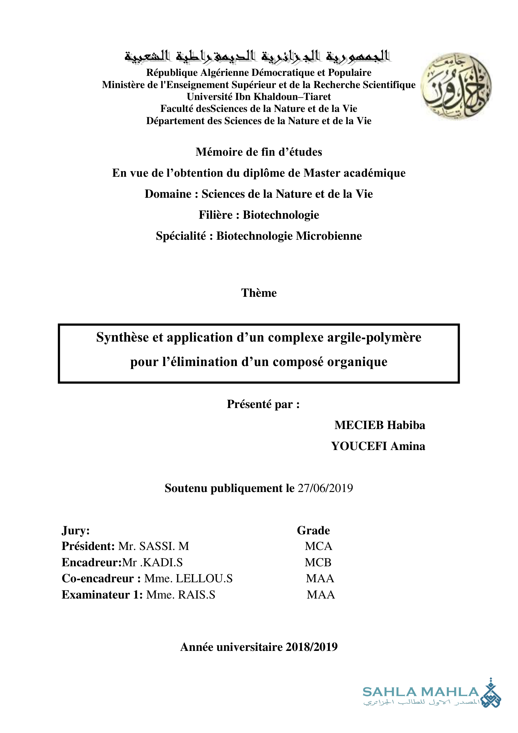 Synthèse et application d'un complexe argile-polymère pour l'élimination d'un composé organique