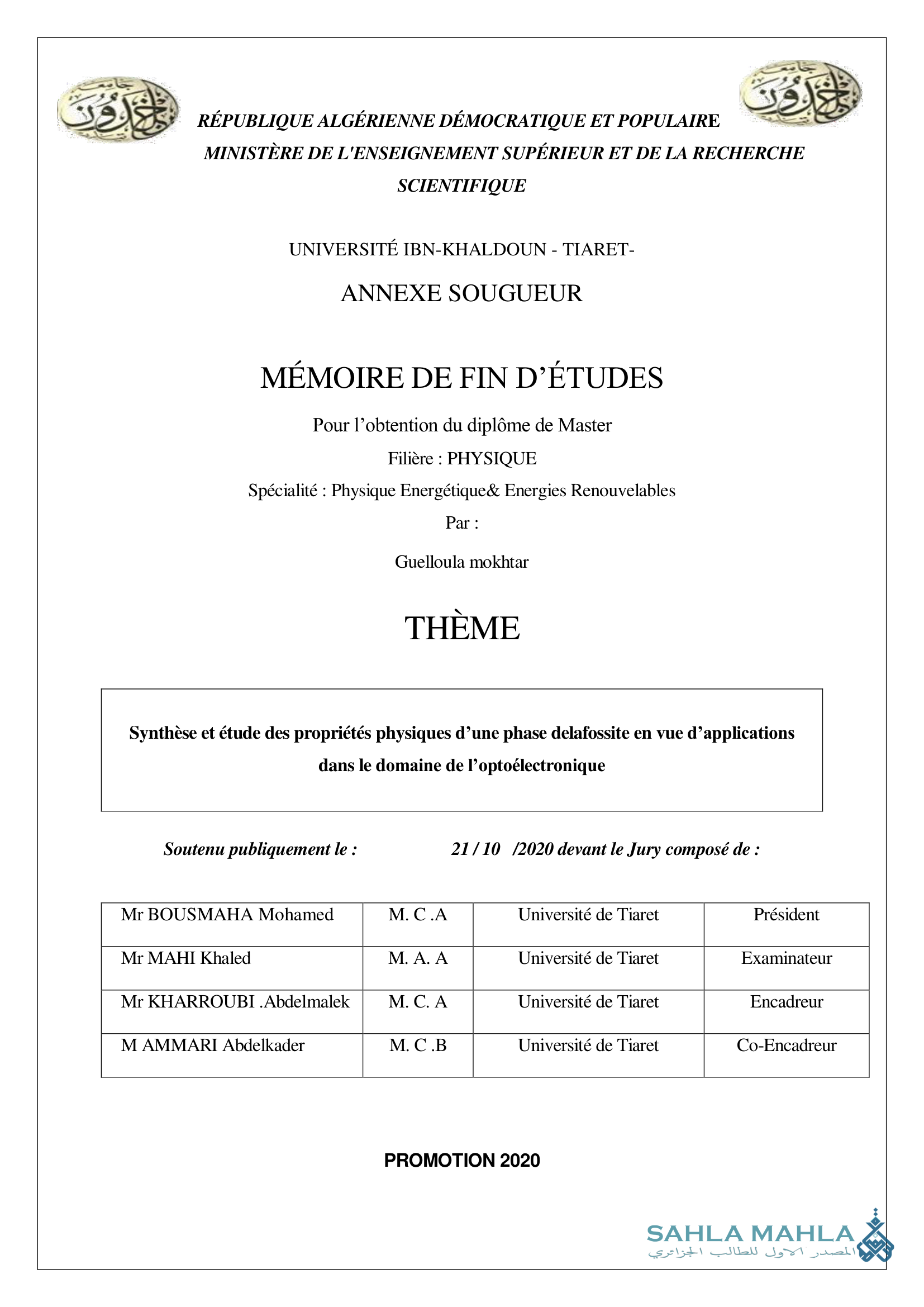 Synthèse et étude des propriétés physiques d'une phase delafossite en vue d'applications dans le domaine de l'optoélectronique