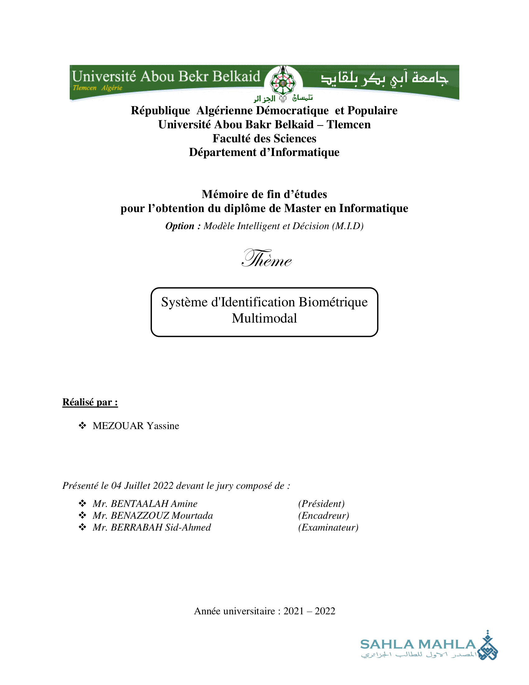 Système d'Identification Biométrique Multimodal
