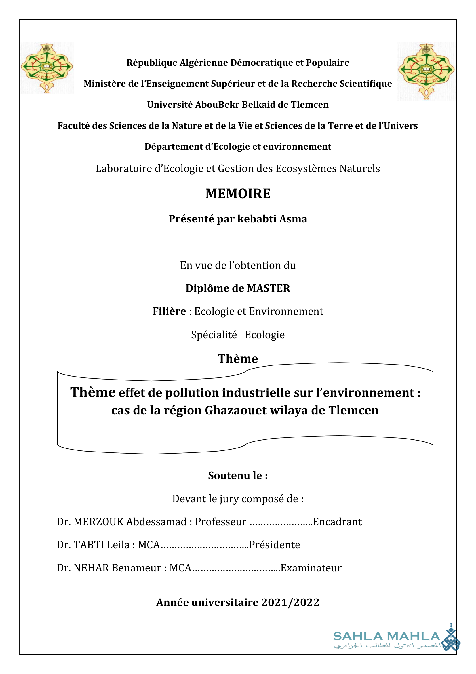 Thème effet de pollution industrielle sur l'environnement : cas de la région Ghazaouet wilaya de Tlemcen