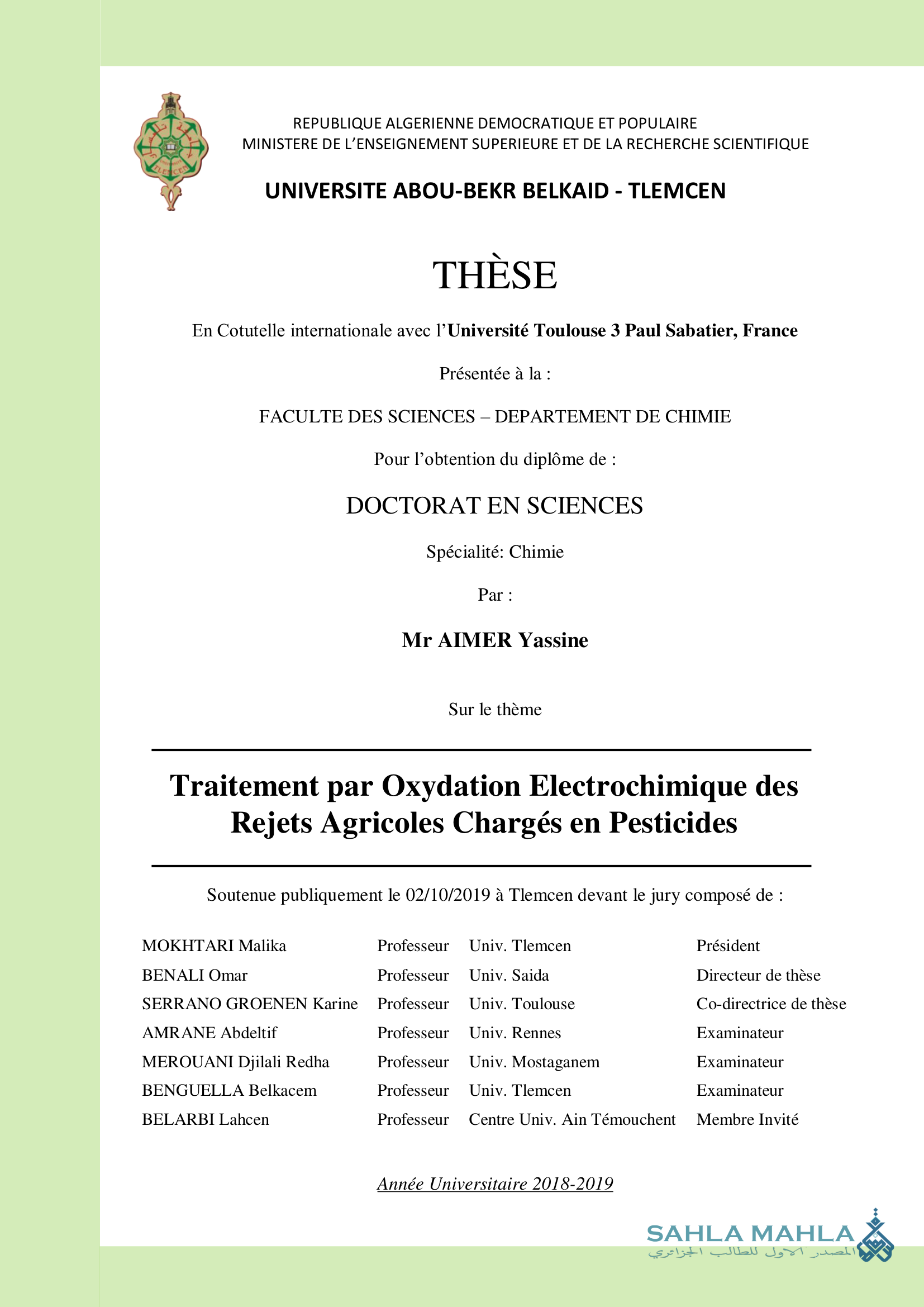 Traitement par Oxydation Electrochimique des Rejets Agricoles Chargés en Pesticides