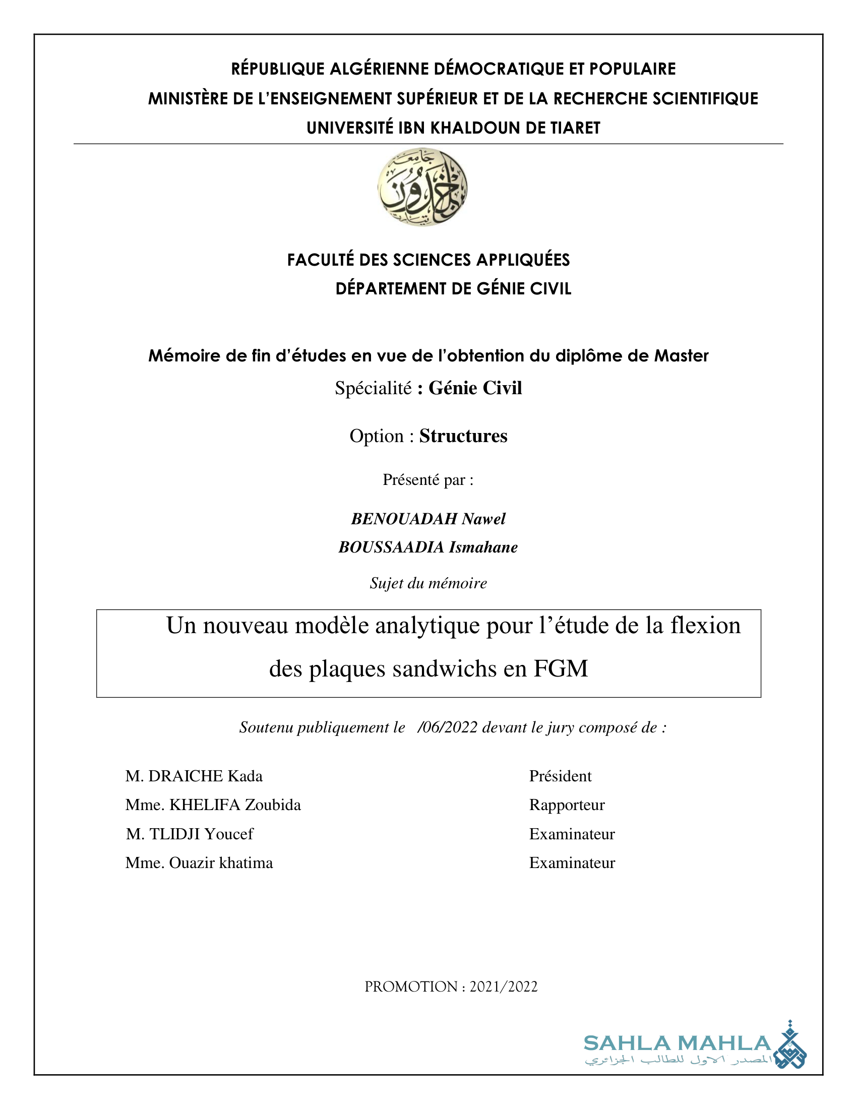 Un nouveau modèle analytique pour l'étude de la flexion des plaques sandwichs en FGM