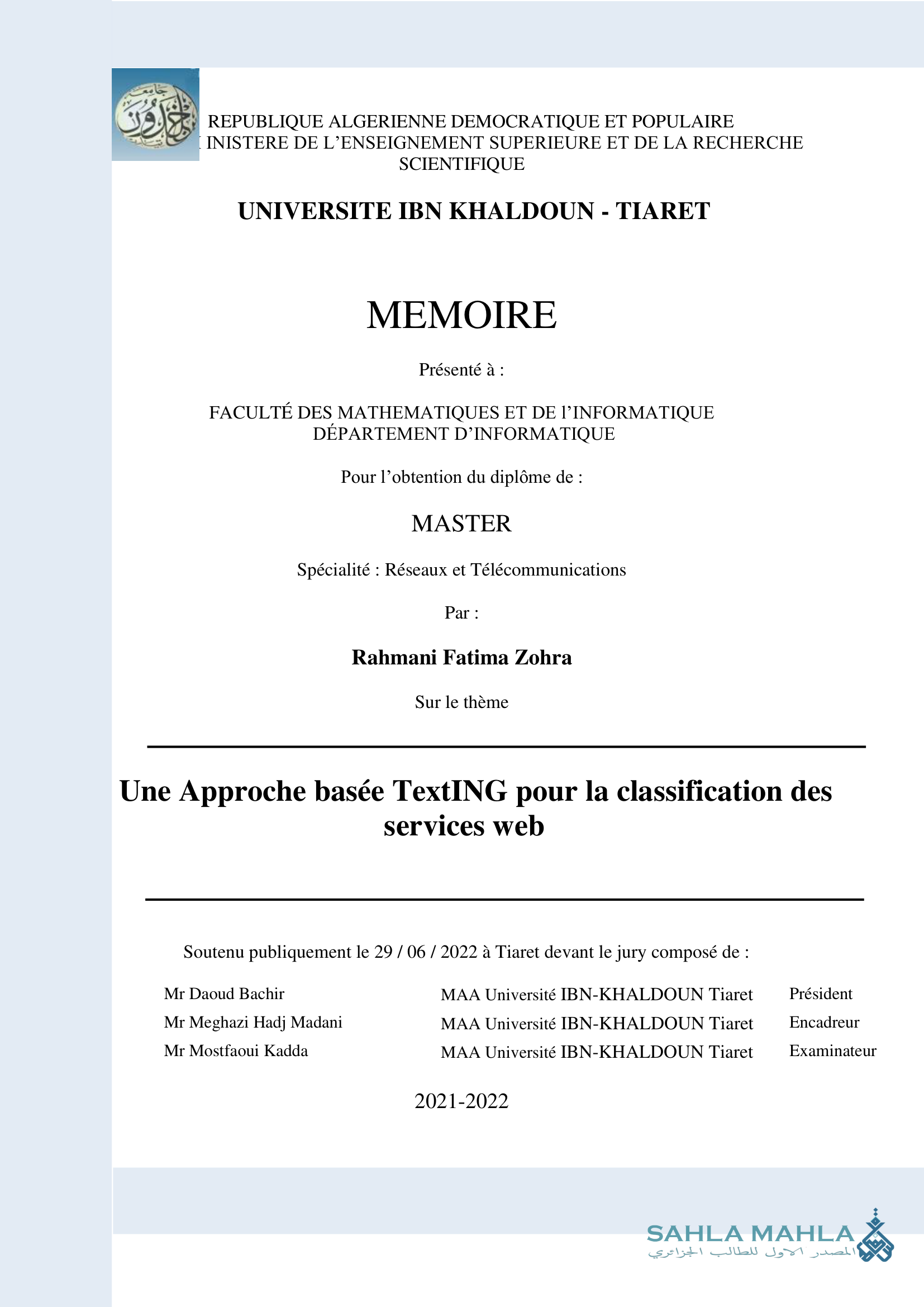 Une Approche basée TextING pour la classification des services web