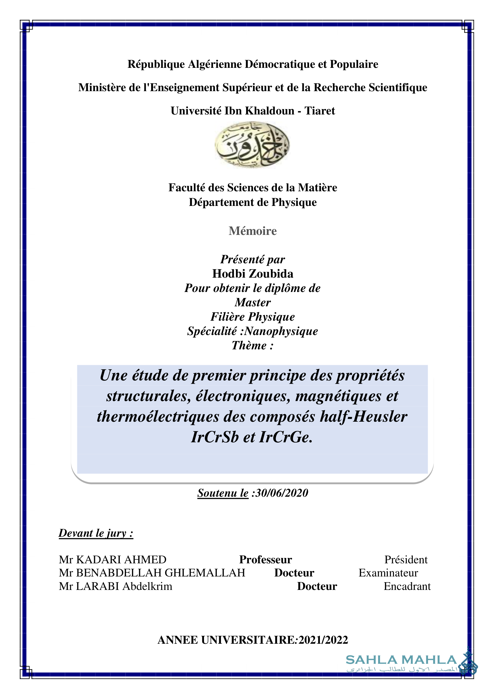 Une étude de premier principe des propriétés structurales, électroniques, magnétiques et thermoélectriques des composés half-Heusler IrCrSb et IrCrGe.