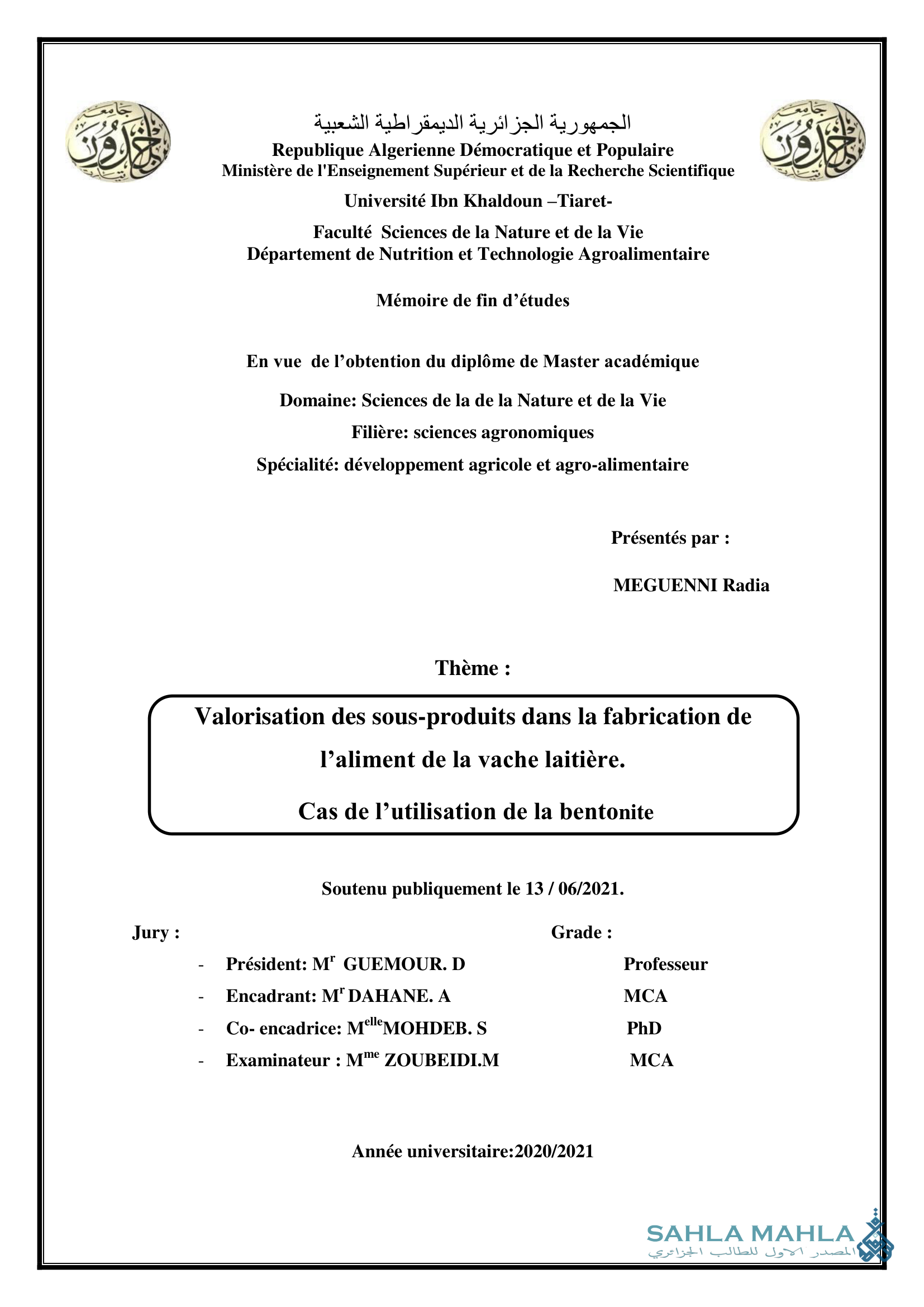 Valorisation des sous-produits dans la fabrication de l'aliment de la vache laitière. Cas de l'utilisation de la bentonite